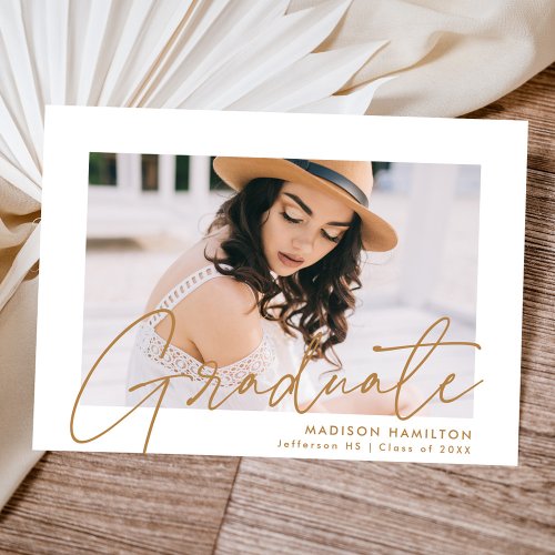 Modern Graduate Gold Script Photo Graduation Announcement