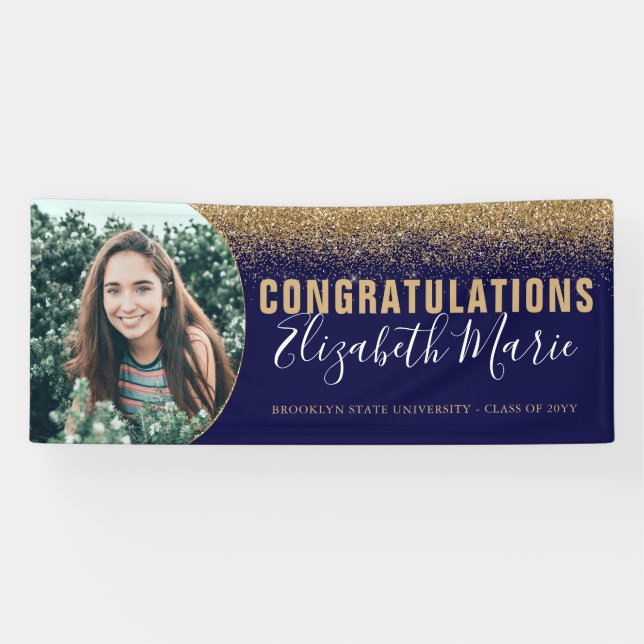 Modern Graduate Grad Photo Navy Blue Gold Glitter Banner (Horizontal)