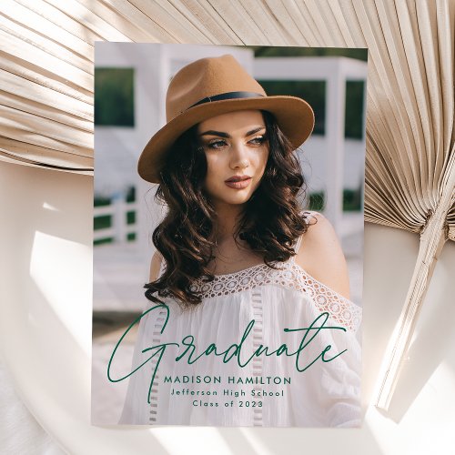 Modern Graduate Green Script Photo Graduation Announcement