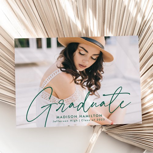 Modern Graduate Green Script Photo Graduation Announcement