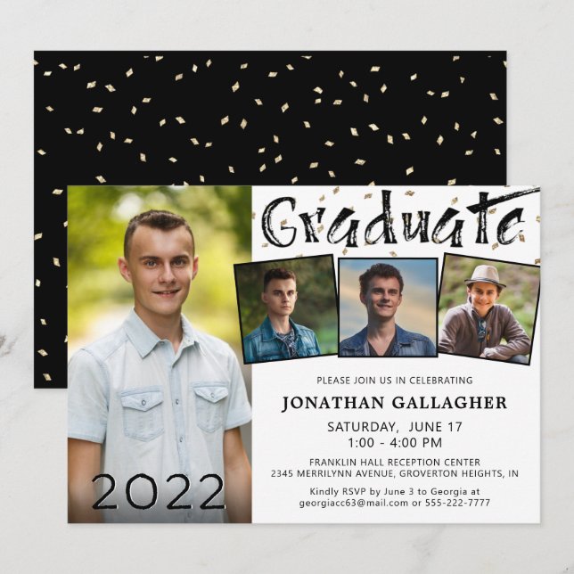 Modern Graduate Hand Lettered 4 Photo Collage Invitation (Front/Back)