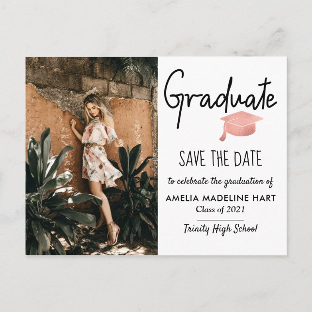 Modern Graduate Hat | Save The Date Photo  Announcement Postcard (Front)