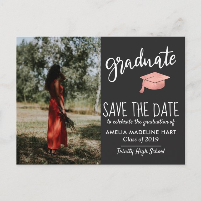 Modern Graduate Hat Save The Date Photo Gray Announcement Postcard (Front)