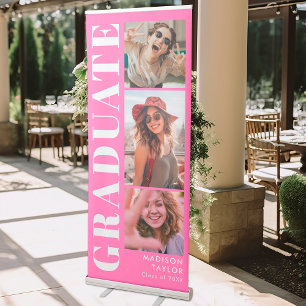 Modern Graduate Hot Pink 3 Photo Graduation Retractable Banner