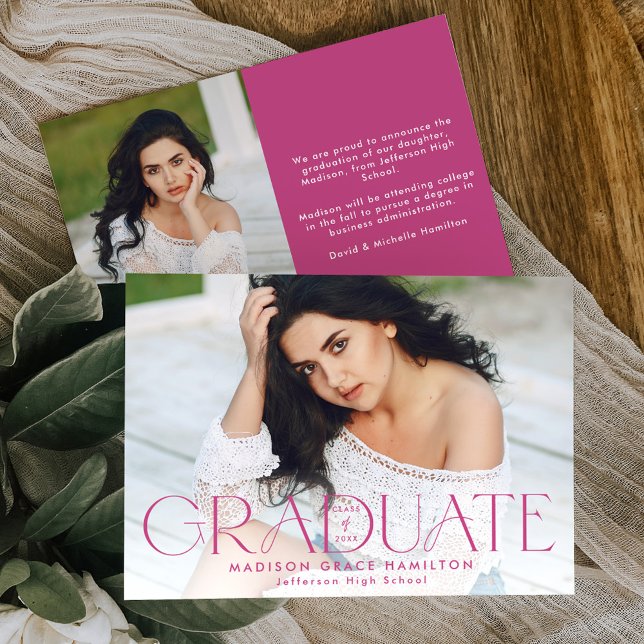 Modern Graduate Magenta Type Photo Graduation Announcement (Creator Uploaded)