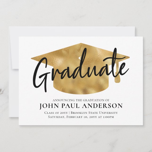 Modern Graduate Metallic Gold Grad Cap Graduation Announcement (Front)