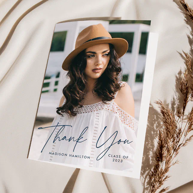 Modern Graduate Navy Script Photo Graduation Thank You Card | Zazzle