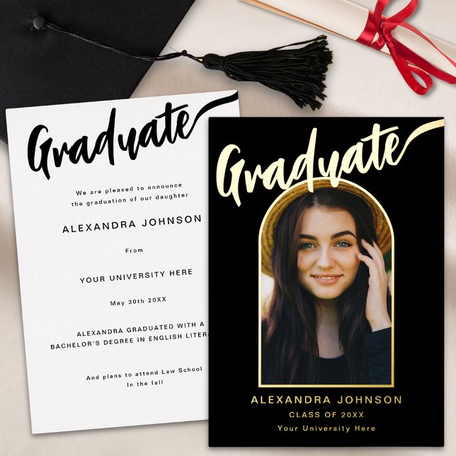 Modern Graduate Photo Arch Calligraphy Black Gold Foil Invitation (Modern graduate photo arch elegant calligraphy black and gold foil graduation announcement card)