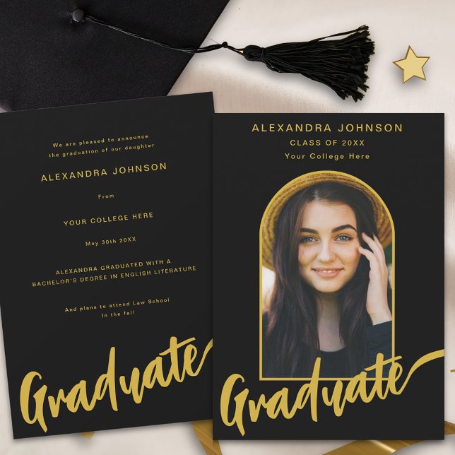 Modern Graduate Photo Arch Gold Script Black Announcement (Modern gold script elegant arch photo template black Graduation announcement card)