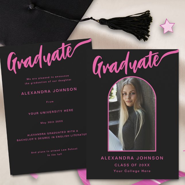 Modern Graduate Photo Arch Pink Script Black Announcement (Stylish graduate photo arch hot pink calligraphy script black graduation announcement card)
