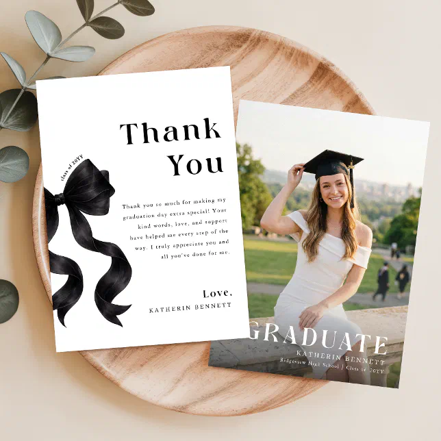 Modern Graduate Photo Black Bow Graduation Party Thank You Card | Zazzle