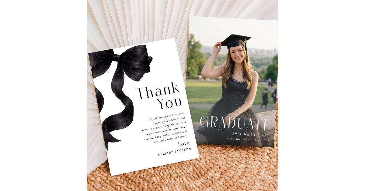 Modern Graduate Photo Black Bow Graduation Thank You Card | Zazzle