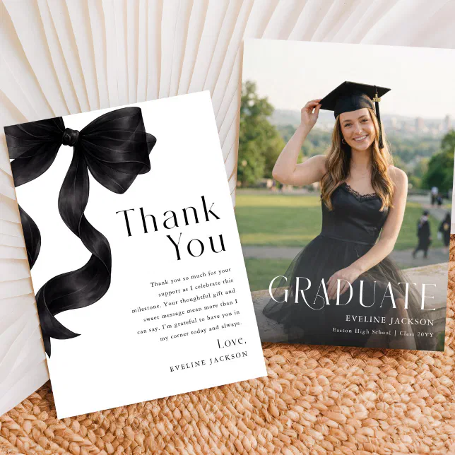 Modern Graduate Photo Black Bow Graduation Thank You Card | Zazzle