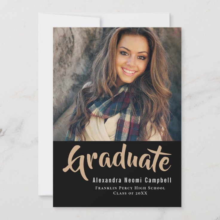 Modern Graduate Photo Black Gold Graduation Announcement | Zazzle