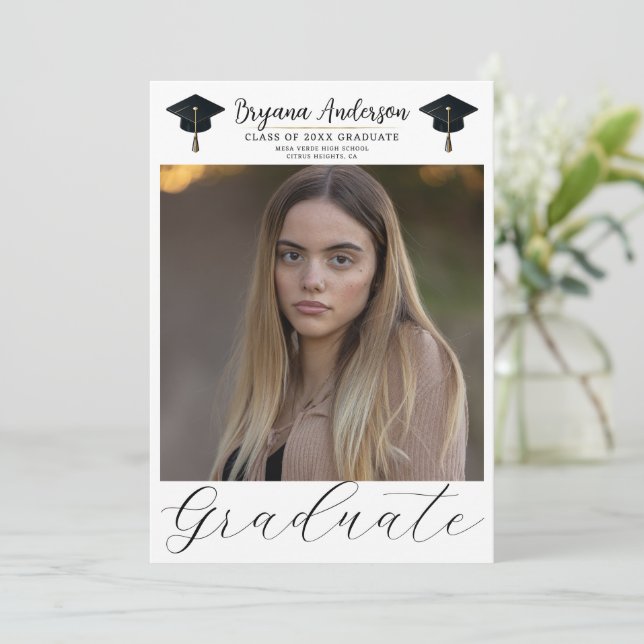 Modern Graduate Photo Black Gold Graduation Cap Invitation (Standing Front)