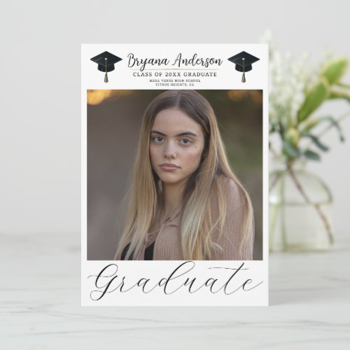 Modern Graduate Photo Black Gold Graduation Cap Invitation