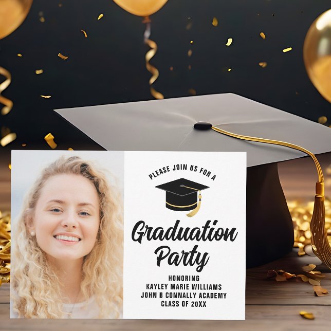 Modern Graduate Photo Black Text Graduation Party Invitation (Creator Uploaded)