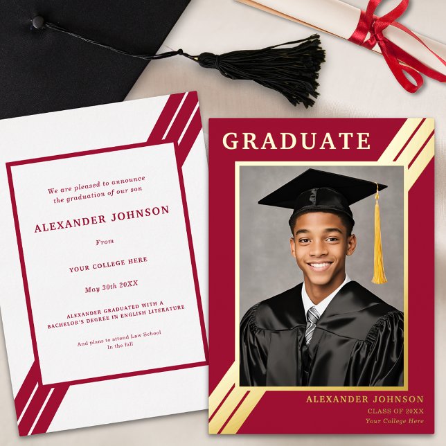 Modern Graduate Photo Burgundy Gold Graduation Foil Invitation (Modern graduate photo burgundy and gold foil stripes graduation announcement card)