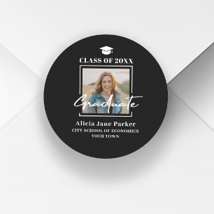 Modern graduate photo class of 2025 black classic round sticker