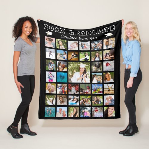 Modern Graduate Photo Collage Black Fleece Blanket