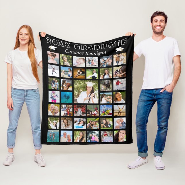 Modern Graduate Photo Collage Black Fleece Blanket (In Situ)