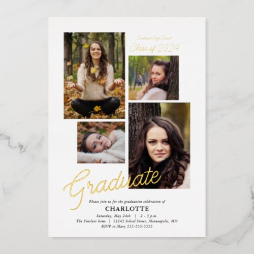 Modern Graduate Photo Collage Graduation Gold Foil Invitation