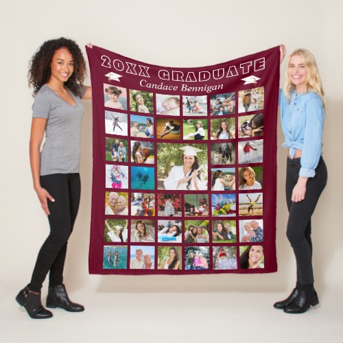 Modern Graduate Photo Collage Maroon Fleece Blanket