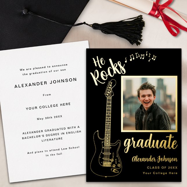 Modern Graduate Photo Cool Guitar Black and Gold Foil Invitation (Modern graduate photo cool minimalist electric guitar gold foil script black Graduation announcement)