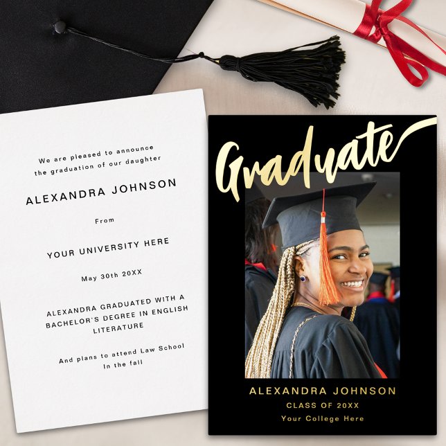 Modern Graduate Photo Elegant Script Black & Gold Foil Invitation (Modern graduate photo stylish script black and gold foil graduation announcement card)