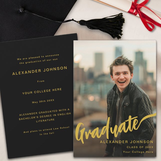 Modern Graduate Photo Gold Script Black  Announcement (Minimalist graduate photo gold script black Graduation announcement card)