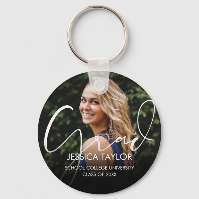 Modern Graduate Photo Grad Script Keychain (Front)