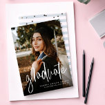 Modern graduate photo graduation announcement<br><div class="desc">Celebrate your high school or college graduate with this vertical one-photo announcement that also includes room on the back for graduation party invitation text. The modern script "graduate" on the front in white is perfect for a trendy grad. The backer is navy blue with a subtle pattern, but the color...</div>