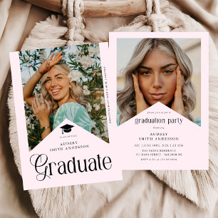 Modern Graduate Photo Graduation Party Ribbon Pink Invitation