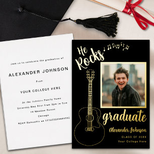 Modern Graduate Photo Guitar Music Black and Gold Foil Invitation