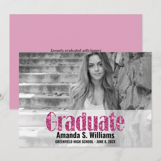 Modern Graduate Pink Glitter Photo Graduation  Announcement (Front/Back)