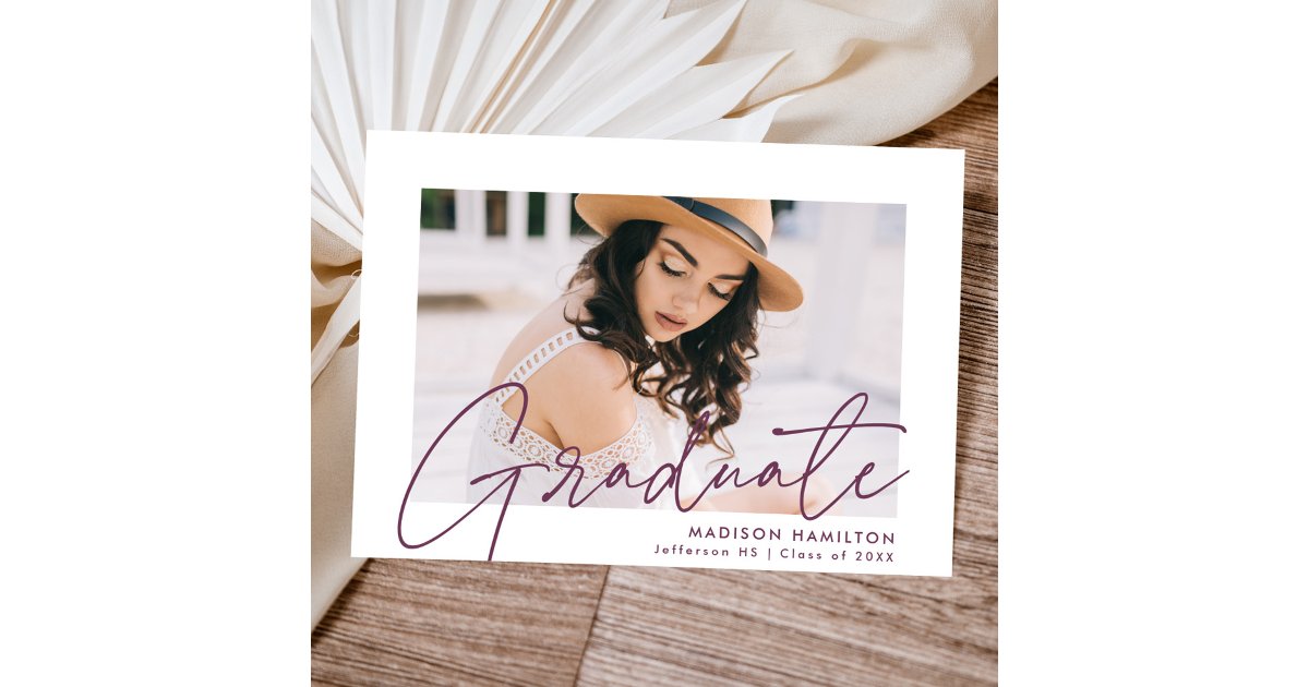 Modern Graduate Purple Script Photo Graduation Announcement | Zazzle