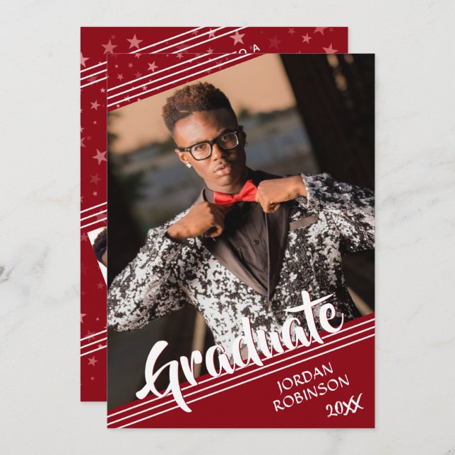 Modern Graduate Red 4-Photo Brush Script  Invitation (Front/Back)