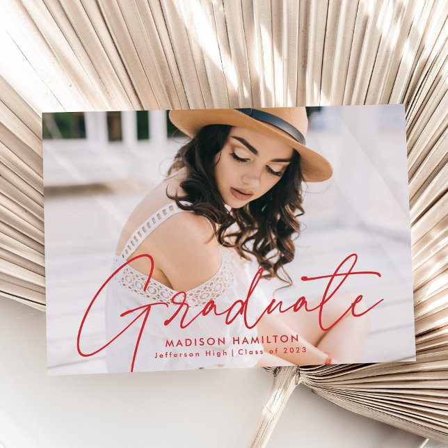 Modern Graduate Red Script Photo Graduation Announcement (Creator Uploaded)