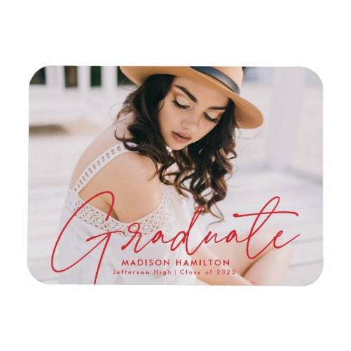 Modern Graduate Red Script Photo Graduation Magnet