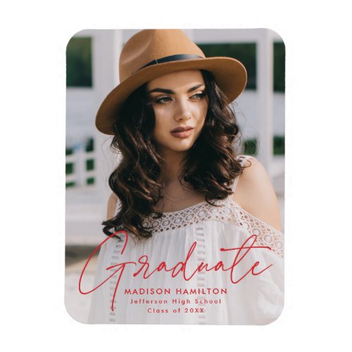 Modern Graduate Red Script Photo Graduation Magnet