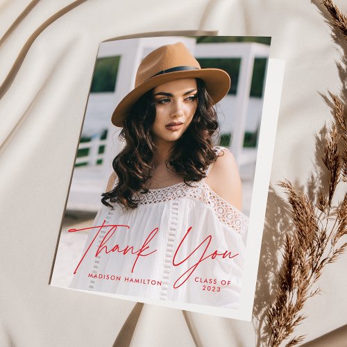 Modern Graduate Red Script Photo Graduation Thank You Card