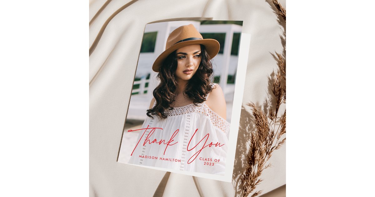 Modern Graduate Red Script Photo Graduation Thank You Card | Zazzle