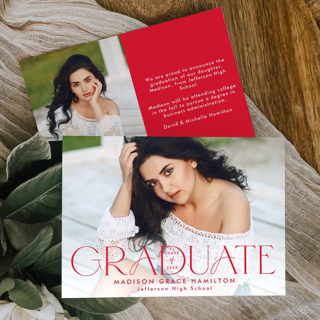 Modern Graduate Red Typography 2 Photo Graduation Announcement (Creator Uploaded)