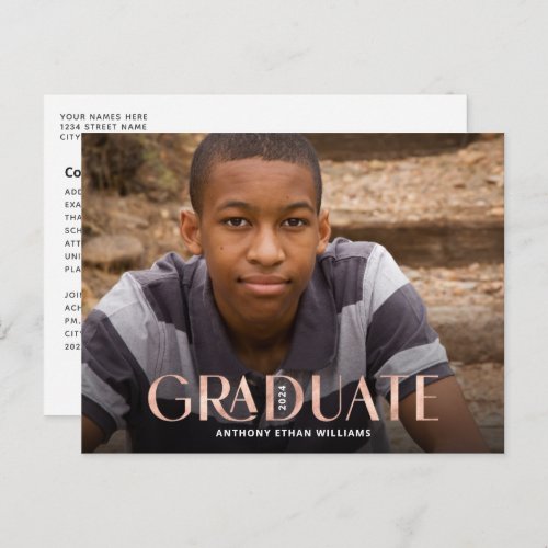 Modern Graduate Rose Gold Overlay Photo Graduation Postcard