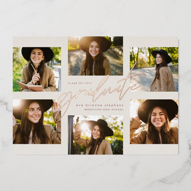 Modern graduate rose gold photo collage graduation foil invitation (Front)