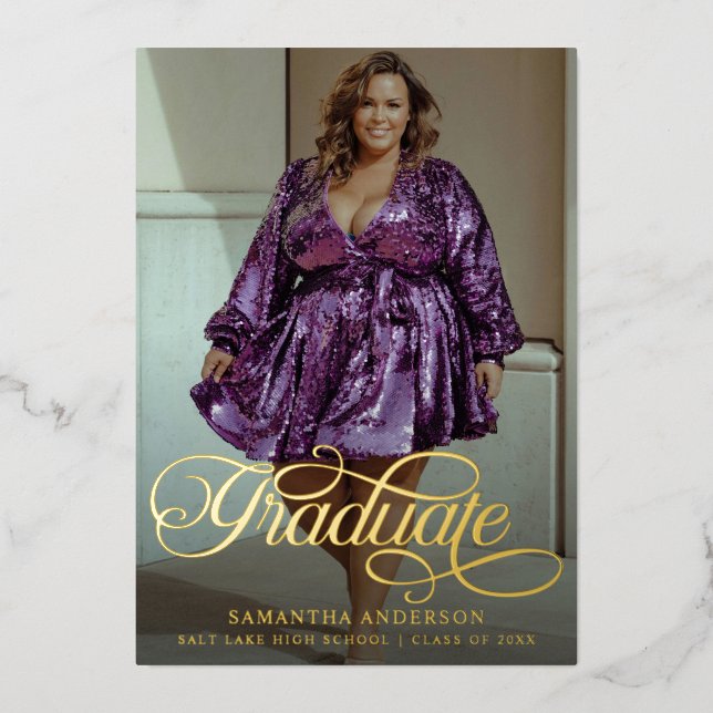 Modern Graduate Script 2 Photos Graduation Party Foil Invitation (Front)