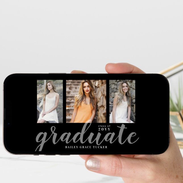 Modern Graduate Script 3-Photo Collage Graduation Announcement (Front Digital)