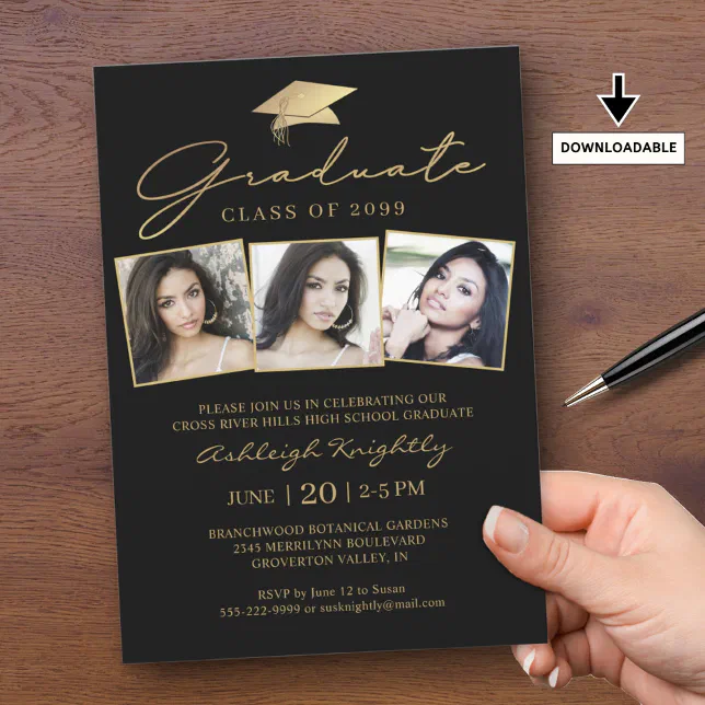 Modern Graduate Script 3 Photos Black Gold Invitation | Zazzle