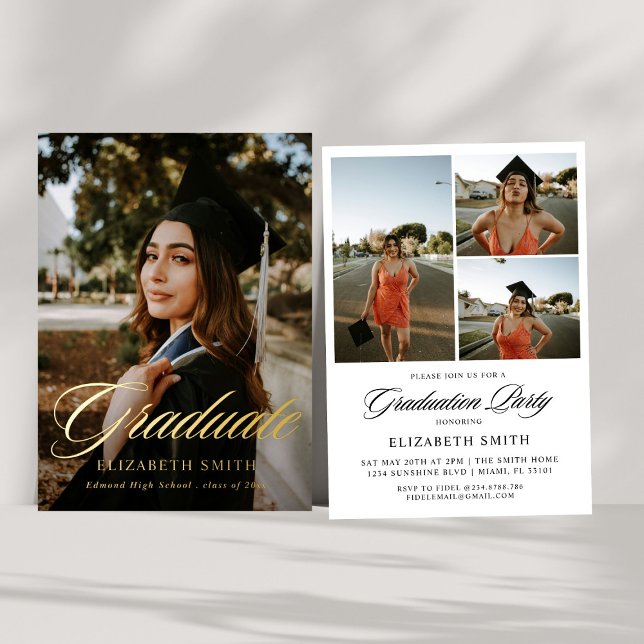 Modern Graduate Script 4 Photos Graduation Party Foil Invitation (Creator Uploaded)