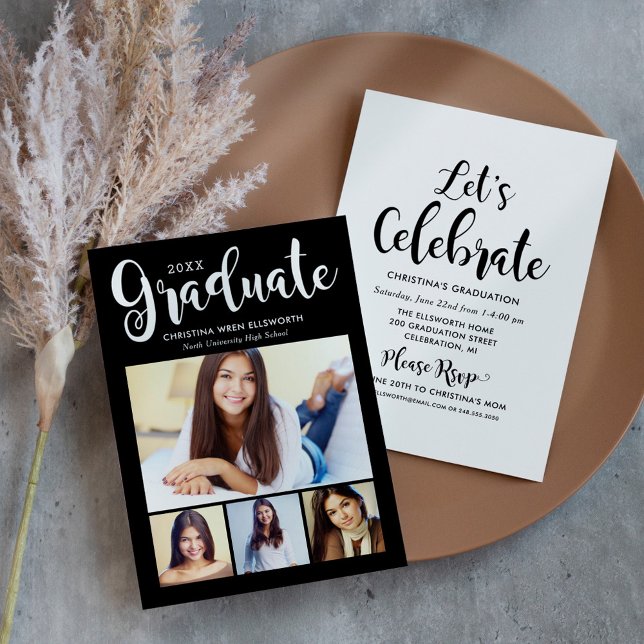 Modern Graduate Script Black Photo Collage Invitation (Creator Uploaded)